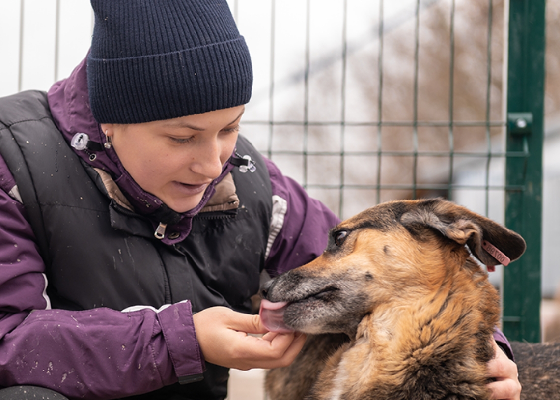 smilling-female-feeding-dog-dogpen