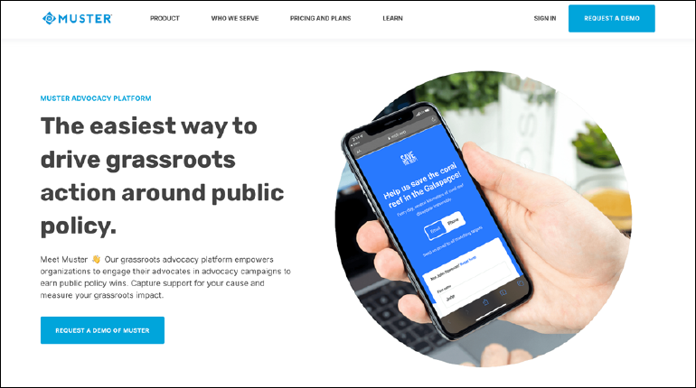 A screenshot of Muster's homepage