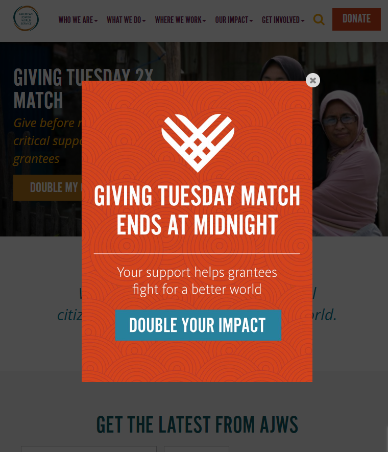 AJWS home page lightbox promoting #GivingTuesday matched funds