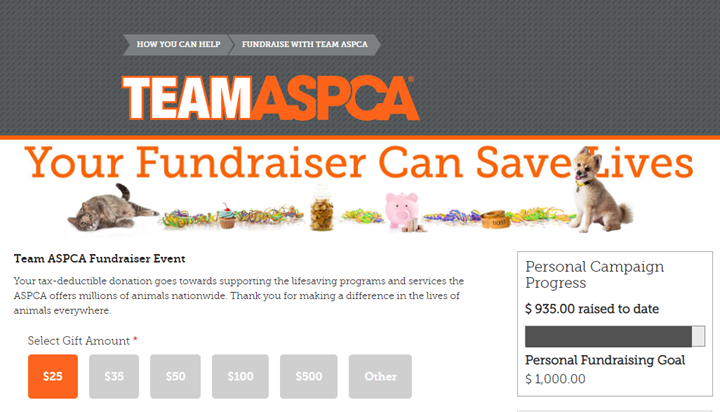 ASPCA Peer to Peer Fundraising form with a campaign goal thermometer