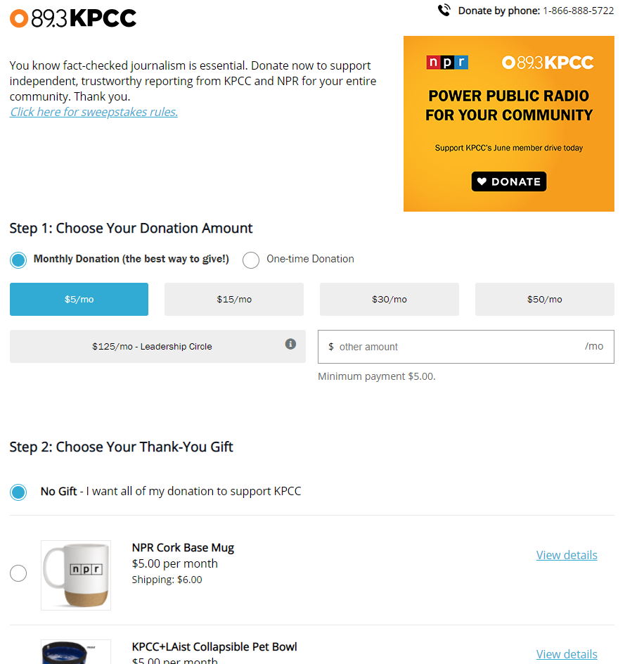 KPCC's donation form defaults to the lowest sustainer option 