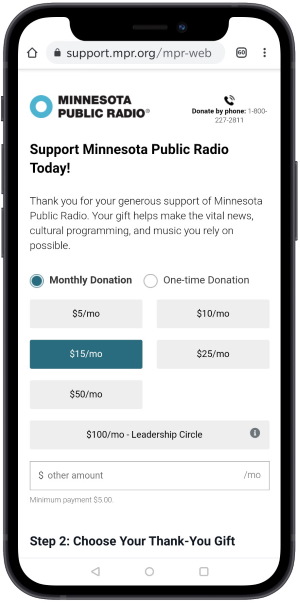 Minnesota Public Radio's donation form is designed to encourage sustaining donations