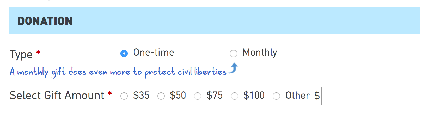 Donation tab with options of one-time or monthly and the gift amount options