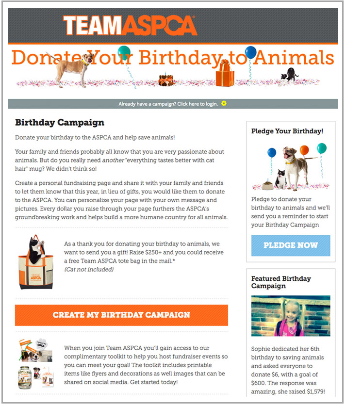 The TeamASPCA peer-to-peer fundraising program features group events, DIY supporter fundraising efforts, and custom campaigns.